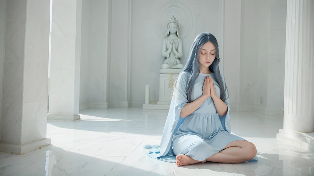 A woman with long VERY blue hair, in a meditation position with her eyes closed and her hands in a prayer position. She is wearing a light blue dress. The image should be a full-body shot in a meditation position, very realistic, in an all-white temple with a white floor, white stone walls, white ceiling, and white columns