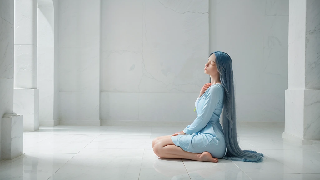 A woman with long VERY blue hair, in a meditation position with her eyes closed and her hands in a prayer position. She is wearing a light blue dress. The image should be a full-body shot in a meditation position, very realistic, in an all-white temple with a white floor, white stone walls, white ceiling, and white columns