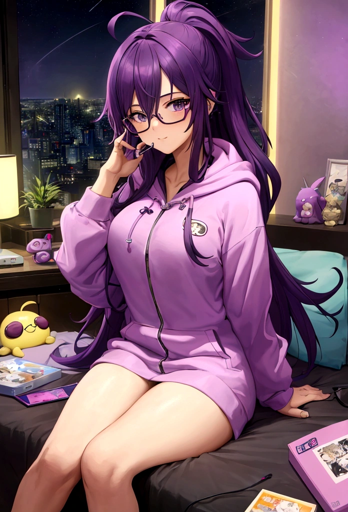 8k photo portrait of a stunning woman with aviator glasses with violet hair in a pastel hoodie wearing headphones, looking at the camera, sitting on her bed in her cozy messy big room with lots of string lights at night, Highly Detailed, studio ghibli, akira toriyama, james gilleard, genshin impact, trending pixiv fanbox, acrylic palette knife, 4k, vibrant colors, zoom out