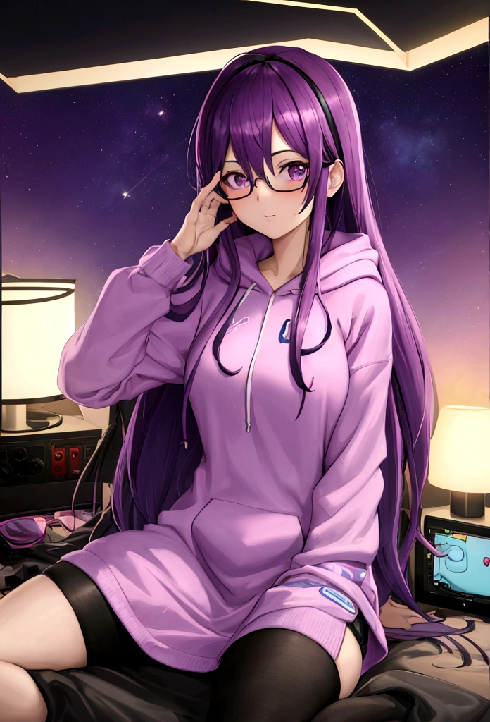 8k photo portrait of a stunning woman with aviator glasses with violet hair in a pastel hoodie wearing headphones, looking at the camera, sitting on her bed in her cozy messy big room with lots of string lights at night, Highly Detailed, studio ghibli, akira toriyama, james gilleard, genshin impact, trending pixiv fanbox, acrylic palette knife, 4k, vibrant colors, zoom out