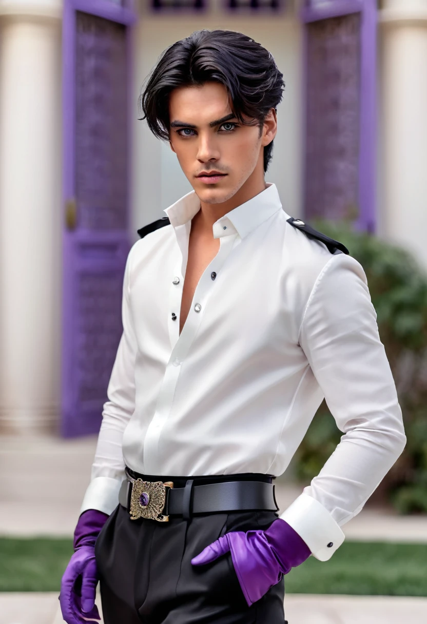 Masterpiece, Perfect face, expressive eyes, he is dressed in a black jacket and black pants,  1boy, male focus, solo, black gloves, gloves, black hair, short hair, clean hair, shirt, pants, purple eyes, white shirt, black pants,  belt, cropped jacket, looking at viewer, mansion background , black belt, open clothes, short sleeves, Bleach style, Bleach