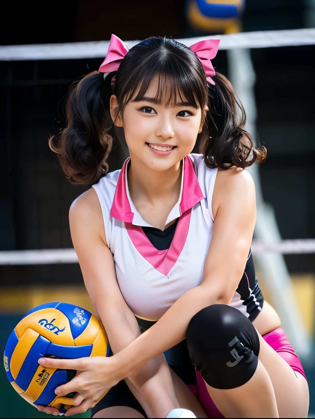 （8K、Raw photography、Highest quality、masterpiece：1.2),(Black Hair、Dark Eyes:1.9),(Pink volleyball uniform:1.6)、View your viewers,Front view,White skin,(Curly twin tails:1.3)、(Tight waist:1.6)、(Clothes that accentuate the shape of the breasts:1.0)、(Big Breasts :1.3)、Slim figure、Ultra-high resolution,beautiful,beautiful fece,(One person、No background:1.9),whole bodyボディー,Japanese women,（reality的：1.37）、Photon Mapping,reality、(Baby-faced and cute: 1.4)、(Cute Smile: 1.8)、(Round face: 1.8)、Radio City、Physically Based Rendering、Depth of field rally background、photograph, (I can see your knees、Thigh close-up:1.8),（Camel Toe:1.6）,whole body、Great quality