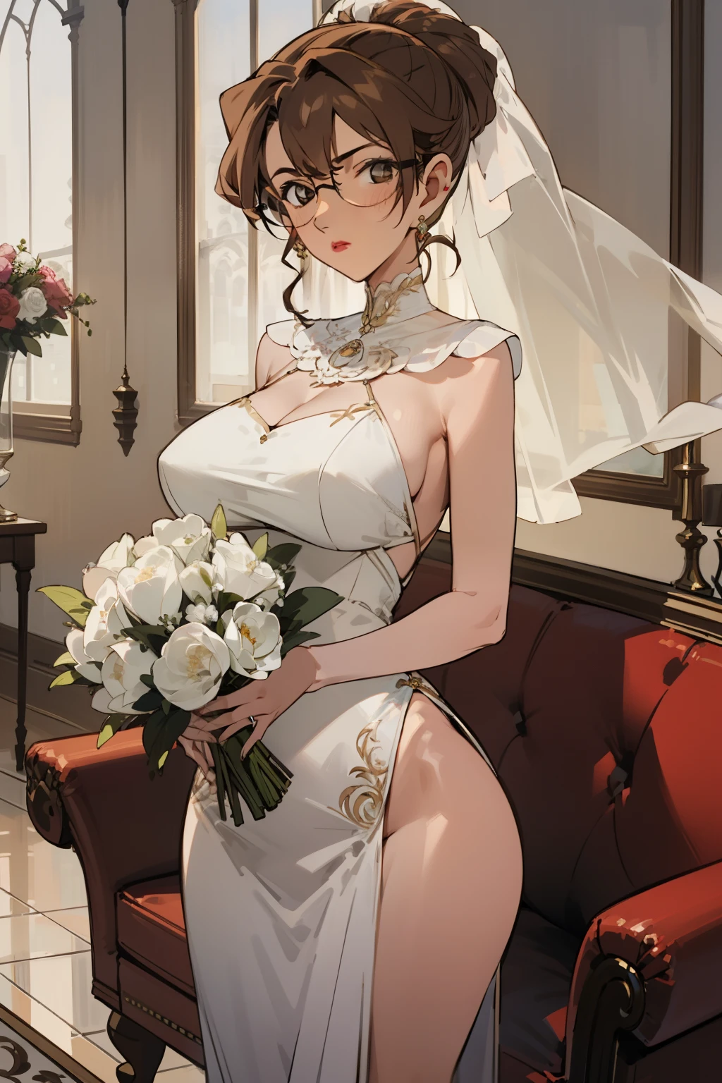Night time,(Masterpiece), Best Quality, ultra-detailed, 1girl (eri, Slender and sexy body, huge breasts, wide hips, brown hair, chignon, brown eyes, empty eye, spectacles), ,parted lips, mascara, full makeup, red lipstick, facing viewer, looking at viewer, solo, white wedding dress, ornate dress, see-through, long dress, white veil,bouquet grab , bows, in the livingroom, standing, , Frontal shots