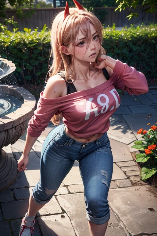 (Very detailed,Highest quality,4K,8K,High resolution,masterpiece:1.2),(Realistic,photoRealistic,photo-Realistic:1.37),Beautiful woman, Chainsaw Power, Cruciform pupil, Long Hair,((thin, Two vertical red corners:1.3)),
Beautifully detailed sweat glands,Smooth skin texture,Carefully drawn,
((Black underwear,Pink off-shoulder sweatshirt,Short denim pants,White shoes)),(humidity:1.2), Lively expressions, (Beautiful Skin),(Big Breasts),Sticky with sweat,In a dynamic pose,
The World of Chainsaw Man,Outdoor,garden,A place where you can see the fountain