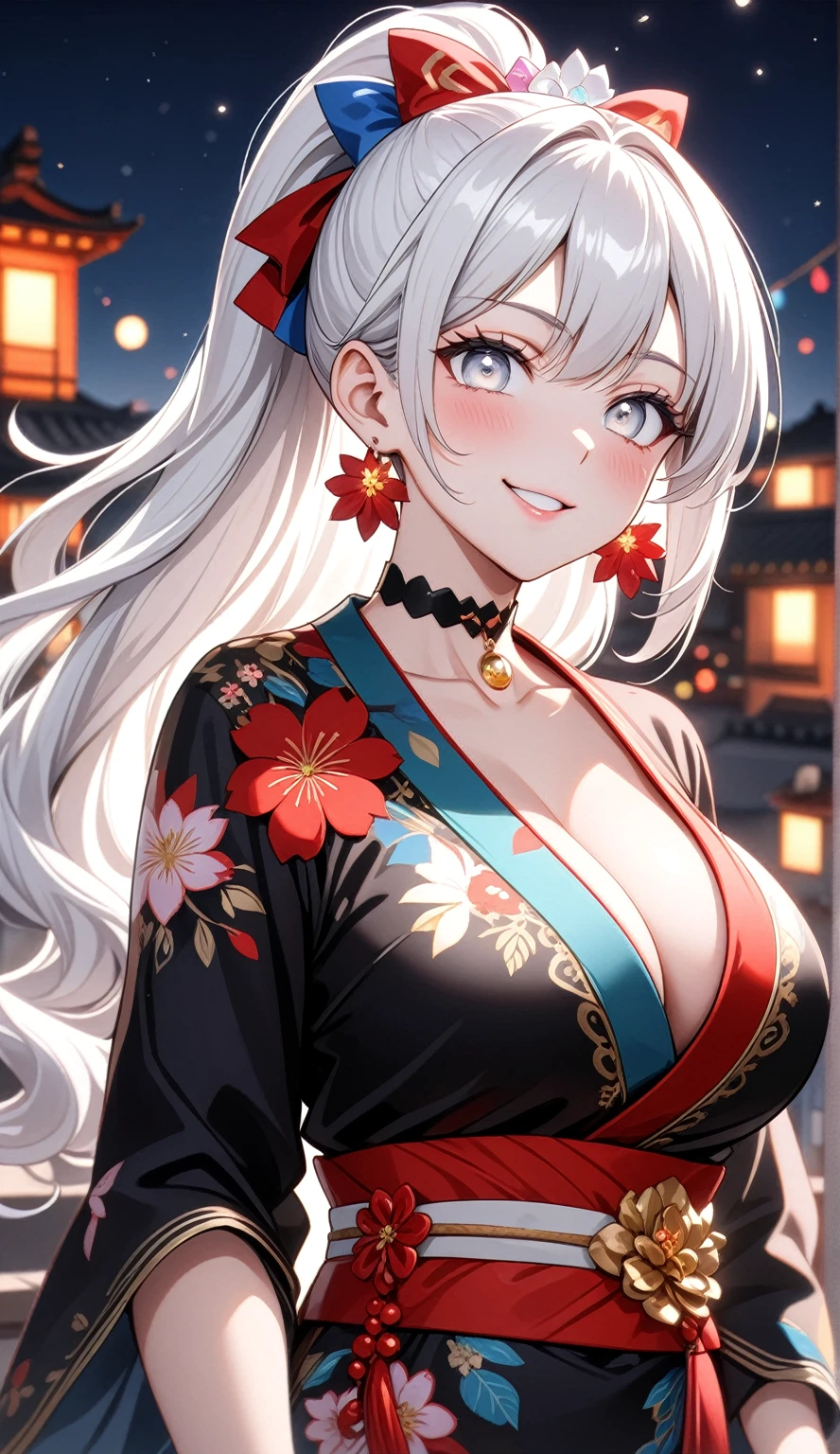 ((One personの女性)), Beautiful Face,((laugh)),((Wink:1.9)),((Touch your lips)), Laugh with your mouth wide open,((Bright red cheeks:1.4)),Shiny red lips,night,rooftop,Festive decorations,You can see the ocean, firework,Laughing with your mouth open,Glossy pink lips,Facial lighting,((Anime style background)),masterpiece, Highest quality, so beautiful,up to date, Complex details, (Pink long nails),(ring),(bracelet),(choker),AI-generated, Complex,High resolution, Highest quality, super high quality,3D Images、3D Images,One person,Long white hair,High Ponytail,(Pale eyes),Anime woman posing for a photo, ((fine grain、Silvery white colorful eyes、Shining Eyes:1.4)),(Squint your eyes:1.1),a hyperRealistic , hyperRealistic , Realistic,Anime woman with long white hair, Smooth anime CG art, A woman in a colorful kimono with gold embroidery, (Black long sleeve kimono),Red floral pattern,Long flower hair ornament,big floral earrings,Mature Body,(Big Breasts:1.1),expensive,Abdominal muscles,Tight waist,(Zoom up to face:1.7),Shooting from diagonally below