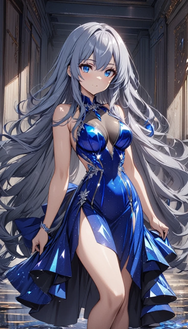 1lady,(blue gray hair),long hair,blue eyes,medium breasts,ultramarine crystalline dress,cowboy shot,