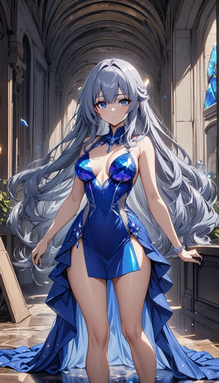 1lady,(blue gray hair),long hair,blue eyes,medium breasts,ultramarine crystalline dress,cowboy shot,