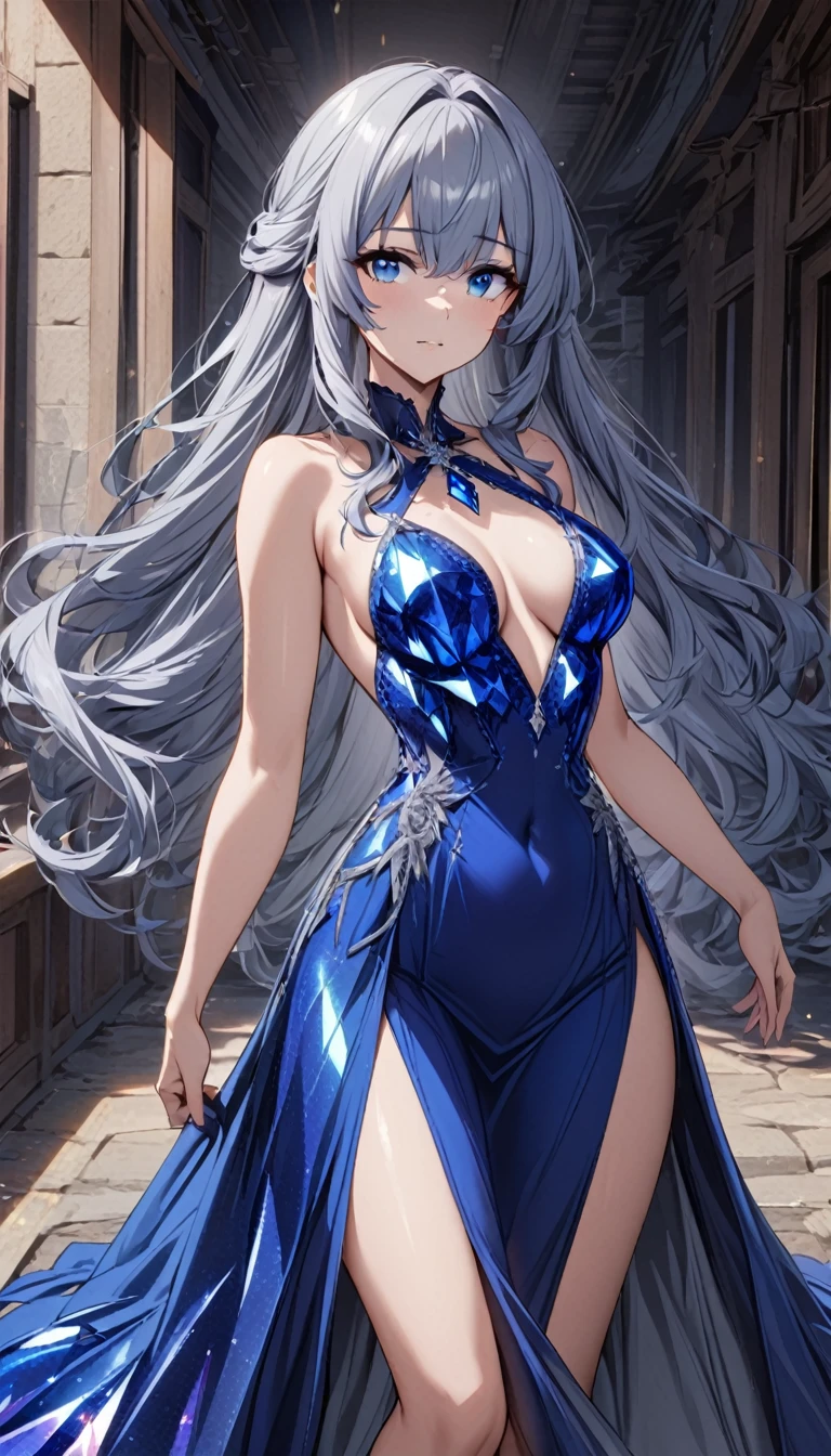 1lady,(blue gray hair),long hair,blue eyes,medium breasts,ultramarine crystalline dress,cowboy shot,