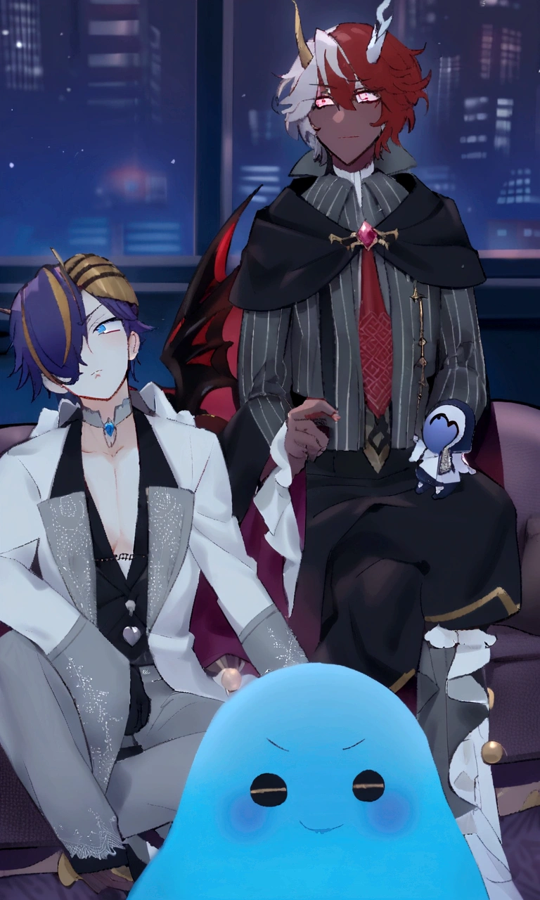 anime characters sitting on a couch with a blue ghost, dapper dream demon, ((wearing aristocrat robe)), medium shot of two characters, two anime handsome men, machiavellian puppetmaster, lunar themed attire, sirius a and sirius b, evil devious male, dark blue and white robes, menacing look, jrpg fashion, chillin at the club together