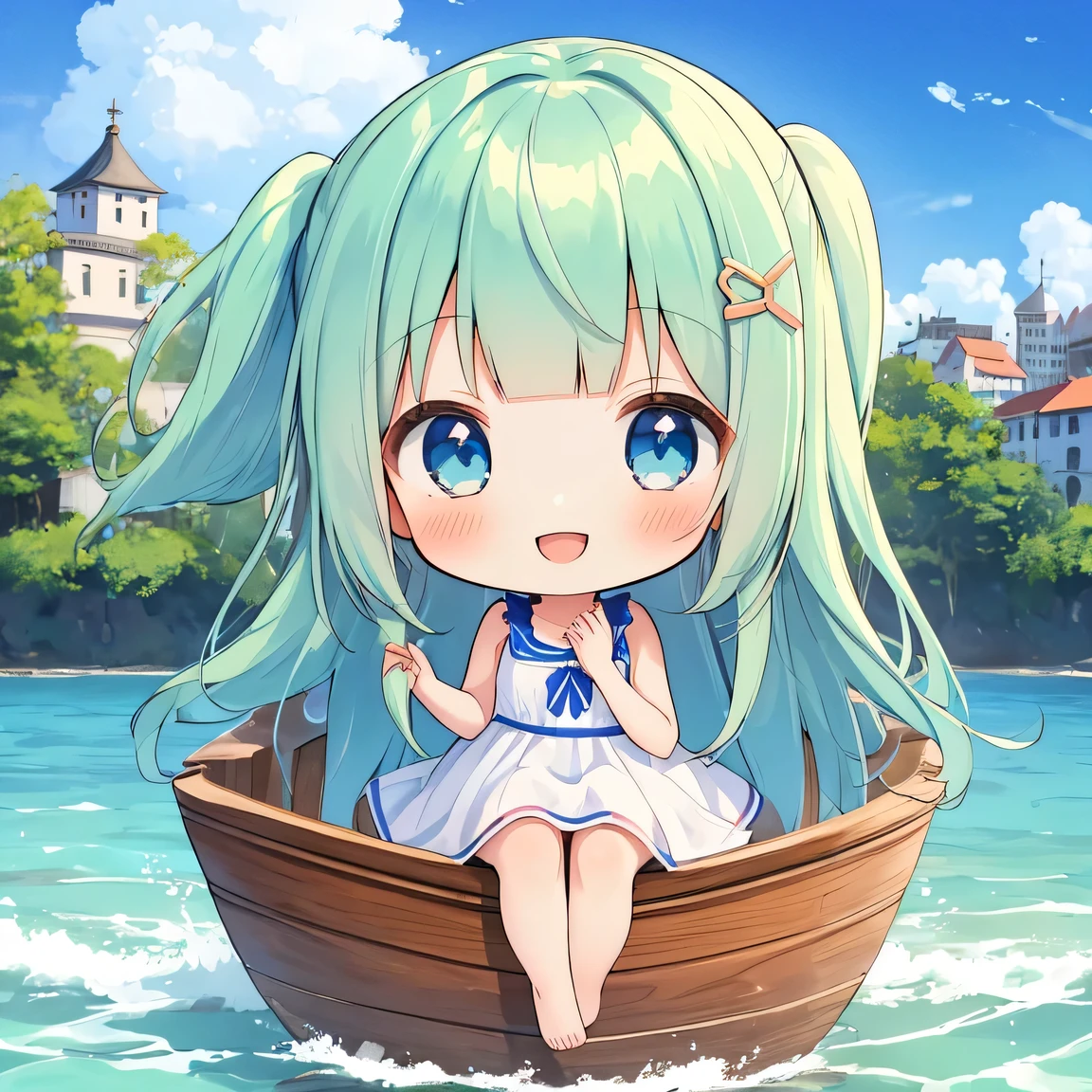 ((masterpiece)), ((best quality)), (ultra-detailed), ((kawaii)), cute, (lovely), illustration, anime style, face focus, (chibi:1.4), a cute girl, solo, 1girl, blue eyes, (smile:1.5), age15, slim, slender, medium breast, white sundress, (beautiful eyes), beautiful pale green hair, long hair, two side up, ((blunt bangs)), blue eyes, kouhai, (City of water), on a small boat.