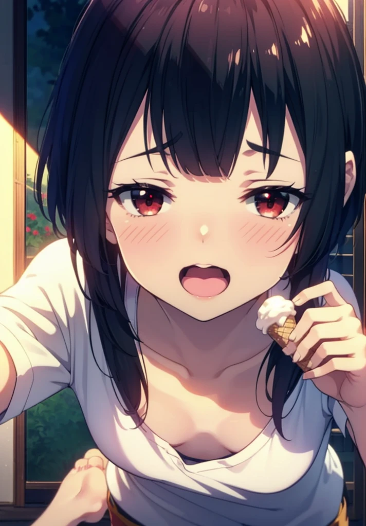 konosubaMegumin, Megumin, short hair, Black Hair, (Red eyes:1.3), short hair with long locks,happy smile, smile, Open your mouth,Tank top shirt with open mouth,Shorts,barefoot,barefoot,Holding and eating ice cream with right hand,Sitting on the sofa,whole bodyがイラストに入るように,morning,morning陽,The sun is rising,
break indoor, room,
break looking at viewer,whole body, (Cowboy Shot:1. 5)
break (masterpiece:1.2), Highest quality, High resolution, unity 8k wallpaper, (figure:0.8), (Beautiful attention to detail:1.6), Highly detailed face, Perfect lighting, Highly detailed CG, (Perfect hands, Perfect Anatomy),