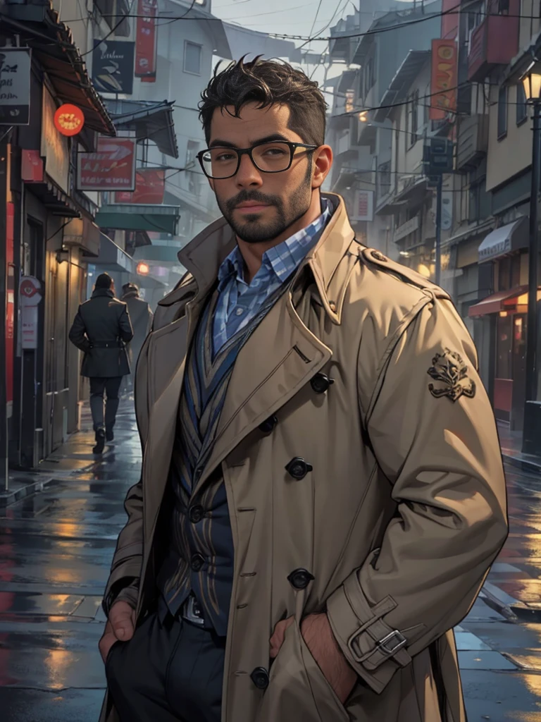 sexy mature daddy, tanned-skin, big bulge, stubble, muscular, mystery detective, foggy city street, trench coat, inquisitive glance