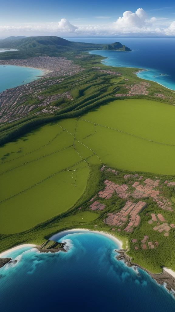 very detail image g, small village harbor, a distance sailing boat, breeze winds, beautiful puffy clouds, peaceful summer, incredibly beautiful anime landscape, calm morning, distance forest hills, distance sea cliff, coconut trees, beautiful anime landscape, view from above, anime movie background, high quality wallpaper,no people there ,calm nature,daylight ,landscape wallpaper. Softer color composition ,digital art ,ultra detailing ,HD wallpaper images