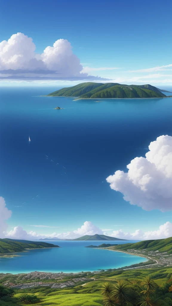 very detail image g, small village harbor, a distance sailing boat, breeze winds, beautiful puffy clouds, peaceful summer, incredibly beautiful anime landscape, calm morning, distance forest hills, distance sea cliff, coconut trees, beautiful anime landscape, view from above, anime movie background, high quality wallpaper,no people there ,calm nature,daylight ,landscape wallpaper. Softer color composition ,digital art ,ultra detailing ,HD wallpaper images