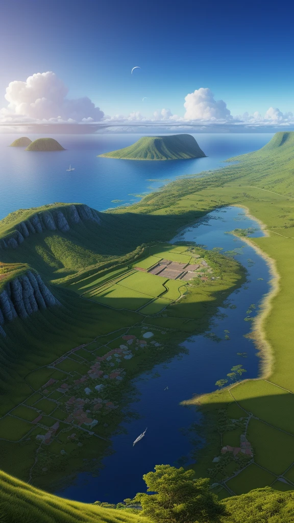 very detail image g, small village harbor, a distance sailing boat, breeze winds, beautiful puffy clouds, peaceful summer, incredibly beautiful anime landscape, calm morning, distance forest hills, distance sea cliff, coconut trees, beautiful anime landscape, view from above, anime movie background, high quality wallpaper,no people there ,calm nature,daylight ,landscape wallpaper. Softer color composition ,digital art ,ultra detailing ,HD wallpaper images