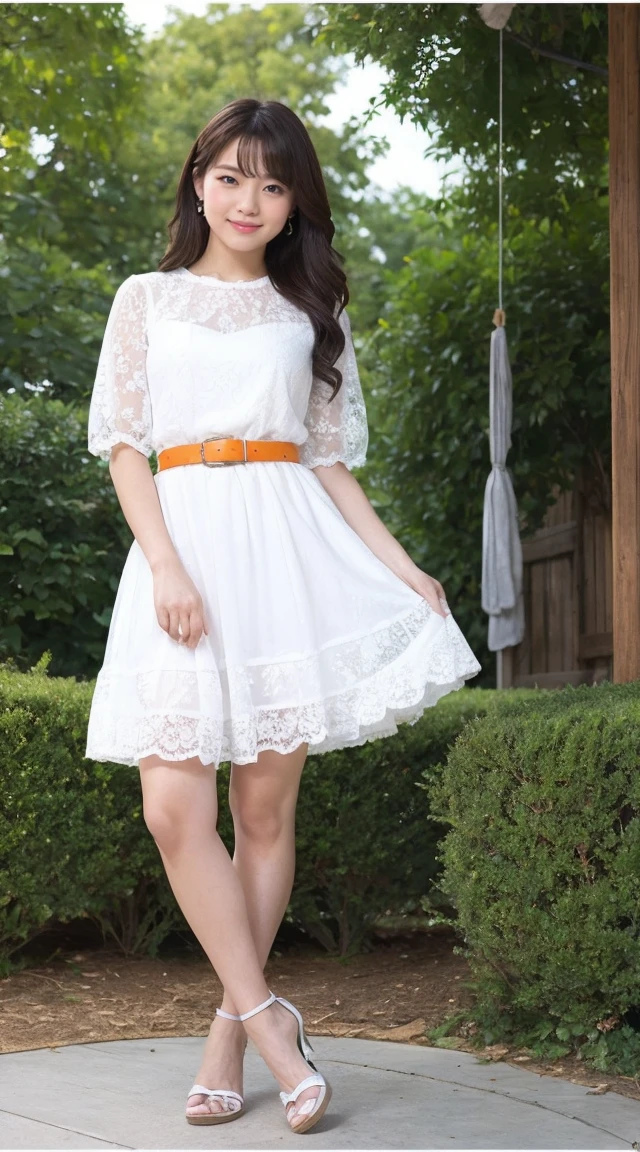 detailed,Clear lines,Highest quality, masterpiece,Bright and dark light、Canon Photo Crystal Clear ,（Realistically:1.2）, (Orange Empire Dress、Silver belt、Short hem)、Action pose、Take a full body photo、A sloppy smile、Glamour body type、Medium Long Hair、Sandals、On the Plateau