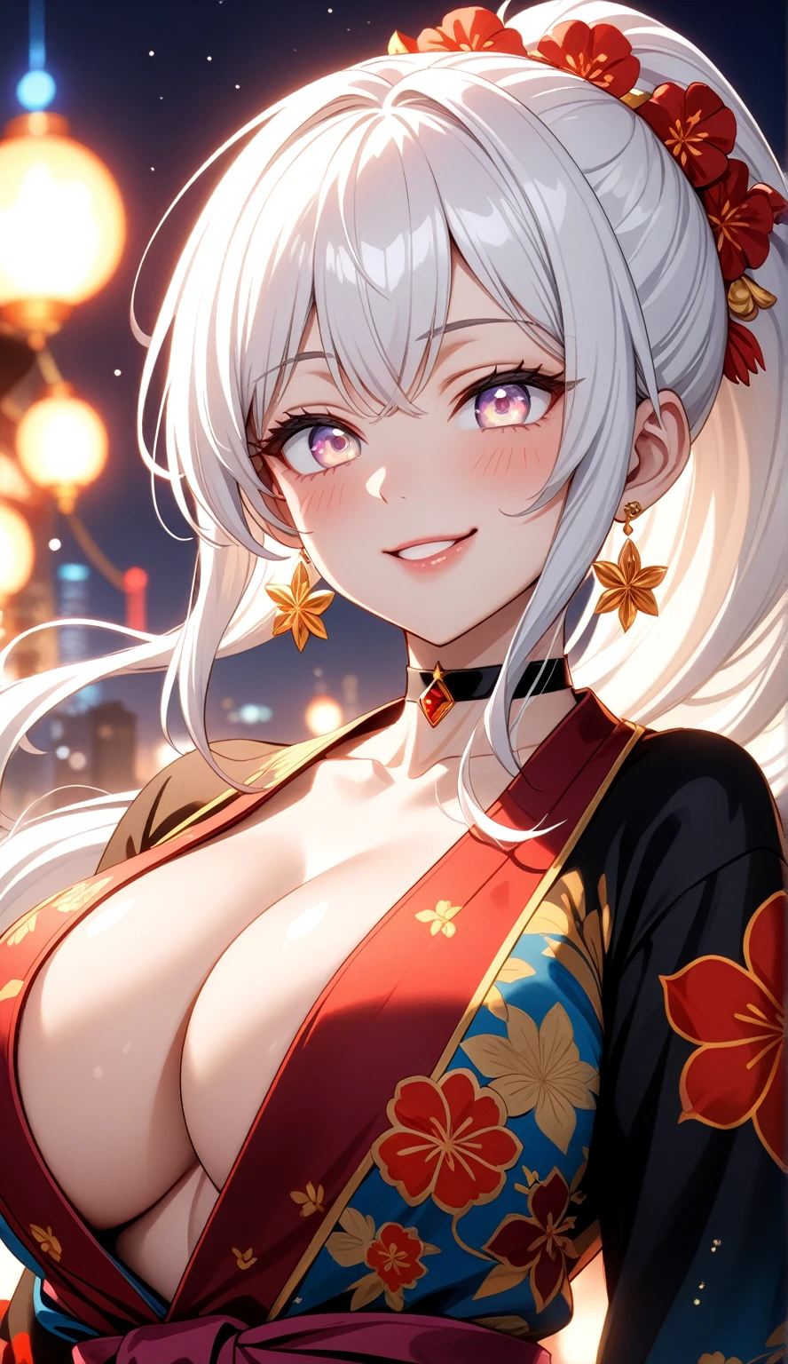((One personの女性)), Beautiful Face,((smirk)),((Wink:1.9)), Laugh with your mouth wide open,((Bright red cheeks:1.4)),Shiny red lips,night,rooftop,Festive decorations,You can see the ocean, firework,Laughing with your mouth open,Glossy pink lips,Facial lighting,((Anime style background)),masterpiece, Highest quality, so beautiful,up to date, Complex details, (Pink long nails),(ring),(bracelet),(choker),AI-generated, Complex,High resolution, Highest quality, super high quality,3D Images、3D Images,One person,Long white hair,High Ponytail,(Pale eyes),Anime woman posing for a photo, ((fine grain、Silvery white colorful eyes、Shining Eyes:1.4)),(Squint your eyes:1.1),a hyperRealistic , hyperRealistic , Realistic,Anime woman with long white hair, Smooth anime CG art, A woman in a colorful kimono with gold embroidery, (Black long sleeve kimono),Red floral pattern,Long flower hair ornament,big floral earrings,Mature Body,(???????????:1.1),expensive,Abdominal muscles,Tight waist,(Zoom up to face:1.7),Shooting from diagonally below