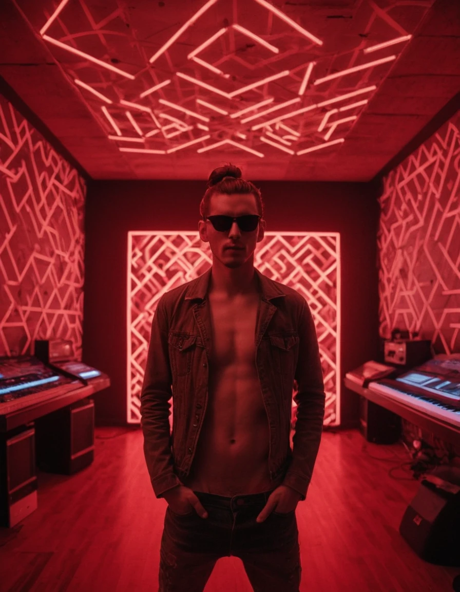 The young man is standing in the center of a music studio, modern room illuminated by intense red and white neon lights forming geometric patterns on the ceiling. He has long, brown hair tied back in a neat man bun, and he sports dark sunglasses that add to his cool, enigmatic demeanor. He is naked and has no clothes on.