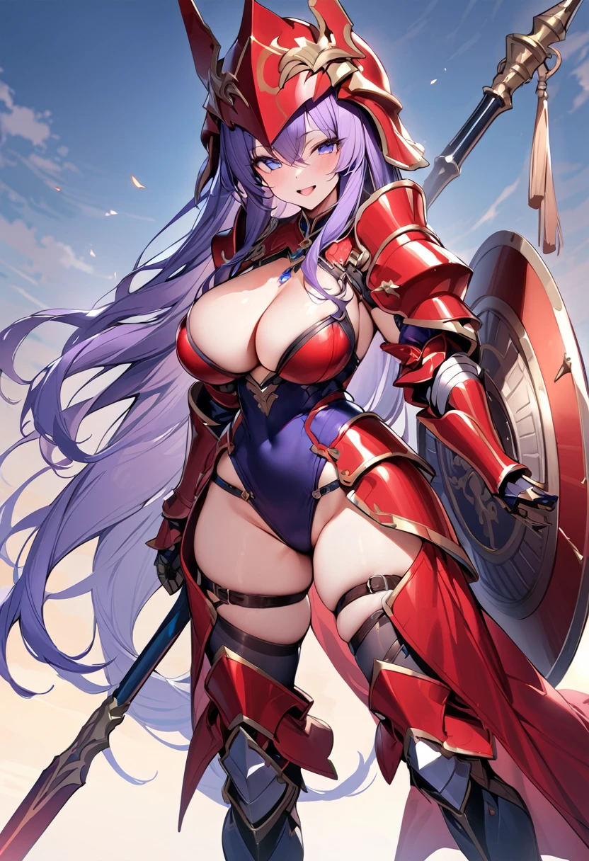 (masterpiece:1.2), (highest quality:1.2), 1girl, solo, purple-hair, long-hair, shield, breasts, weapon, armor, cleavage, large-breasts, polearm, helmet, open-mouth, smile, boots, purple-eyes, gauntlets, very-long-hair, thighhighs, blue-eyes, full-body, red-armor, looking-at-viewer, blush, thigh-boots, simple-background, armored-boots,
