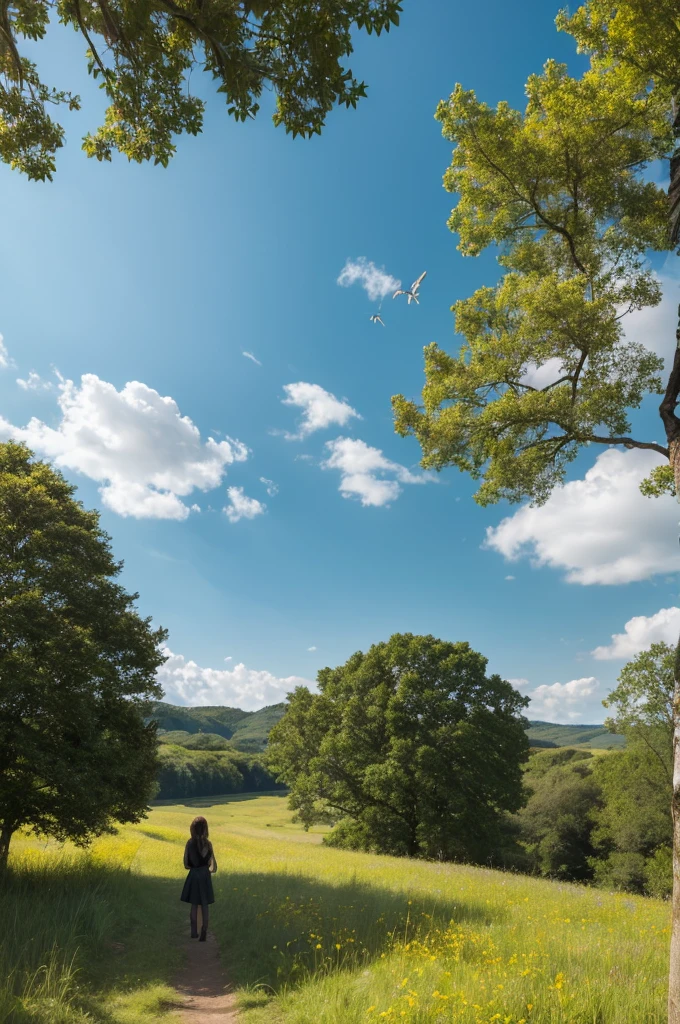 High resolution、Highest quality、Super detailed、Makoto Shinkai、Vast landscape photography、(View from below、Showing the sky above and below)、A girl standing in a flower field looking up、Treebreak Production Art、(Daytime sky:1.2)、(Firefly:1.2)、grassland、horizontal line、Spring atmosphere、horizontal lineに続く、Get on the truck and head towards the horizon