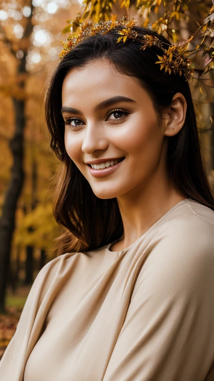 a goddess, autumn, real skin texture, detailed detail, soft light, smile, bright, full body photoshoot, 16K high res,