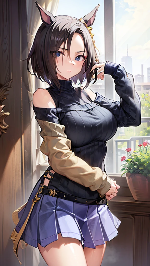 (((masterpiece))),(((High resolution)))、(((perfect face)))、(((Air Groove)))、15 years old, (((off shoulder tight sweater, mini black tight skirt))), Plump, top quality eyes, detailed texture, look at the camera, big tits, ((high resolution face))
