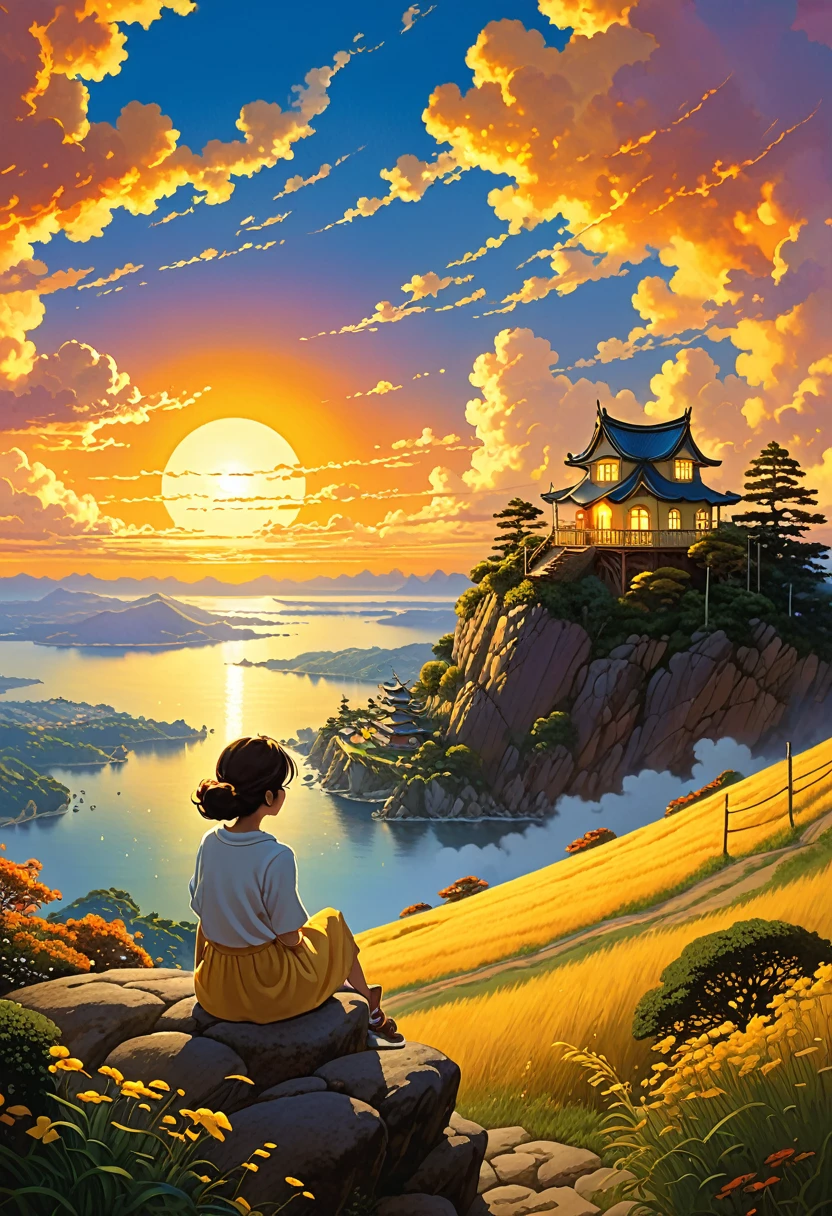 and souls、Skyscape with circular billowing clouds 、Orange-yellowish sky of the infernal sunset bright yellow clouds like shining gold、Deities々Shikai 、You can feel the touch of the brush.、girl sitting watching a sunset, Studio ghibli、ghibli、scenery、Style、The light shines、sky line , style Kilian Eng y Thomas Kinkade, Rob Gonsalves y Tim White., silvain sarriel, rads and thomas kinkade, inspired by RHADS, cyril rolando and m.I'm confused, cyril rolando and m. I'm confused, rads!!! Beautiful digital artwork, detailed painting 4k, very detailed digital painting, rich and picturesque colors, beautiful digital painting