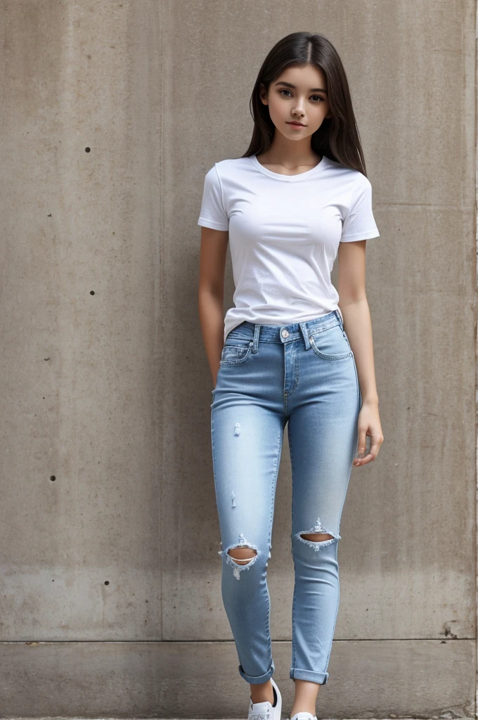Girl in white hea and tight denim jeans posing for photo, Full body, with short T-shirt, hea, Slim body, smaller bust, slim girl model, 14 year old female model,
