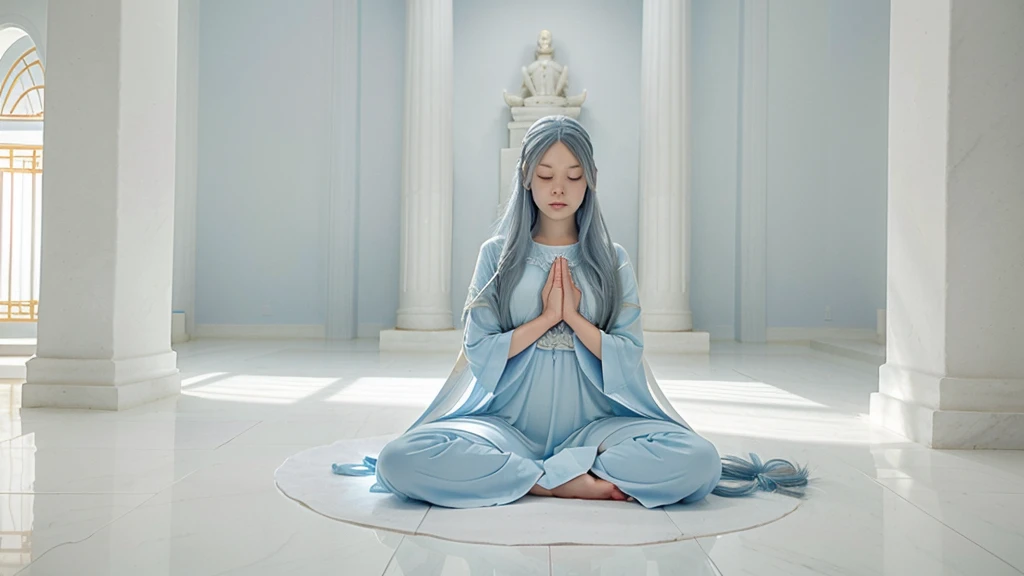 A woman with long VERY blue hair, in a meditation position with her eyes closed and her hands in a prayer position. She is wearing a light blue dress. The image should be a full-body shot in a meditation position, very realistic, in an all-white temple with a white floor, white stone walls, white ceiling, and white columns