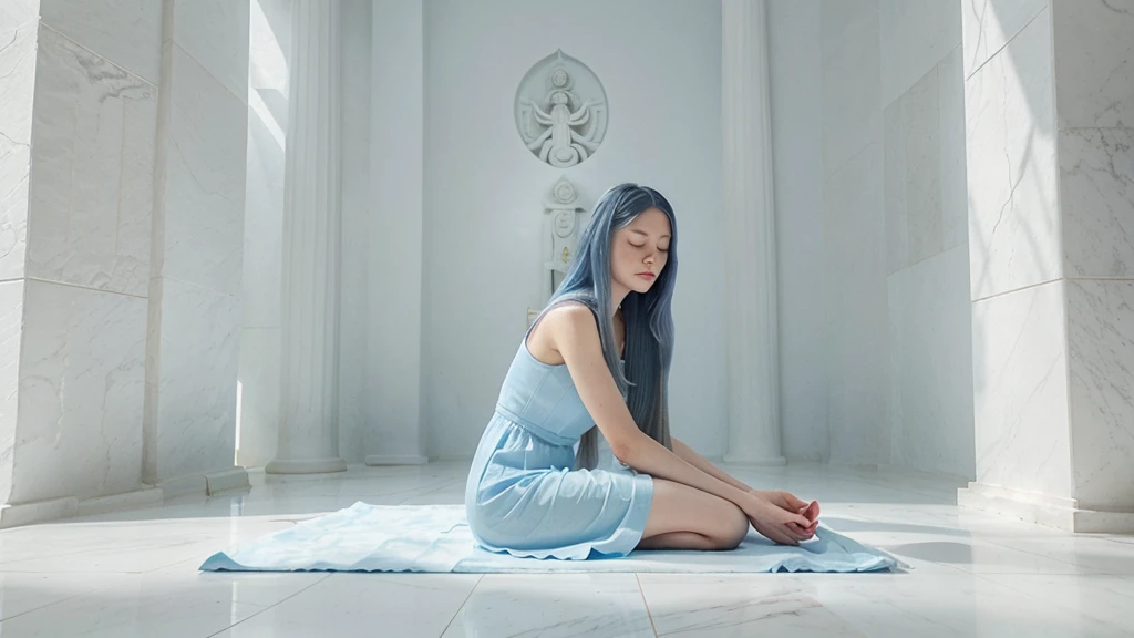 A woman with long VERY blue hair, in a meditation position with her eyes closed and her hands in a prayer position. She is wearing a light blue dress. The image should be a full-body shot in a meditation position, very realistic, in an all-white temple with a white floor, white stone walls, white ceiling, and white columns