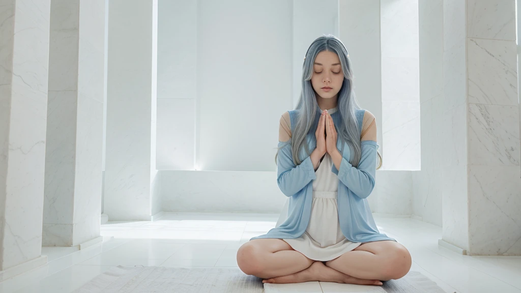 A woman with long VERY blue hair, in a meditation position with her eyes closed and her hands in a prayer position. She is wearing a light blue dress. The image should be a full-body shot in a meditation position, very realistic, in an all-white temple with a white floor, white stone walls, white ceiling, and white columns