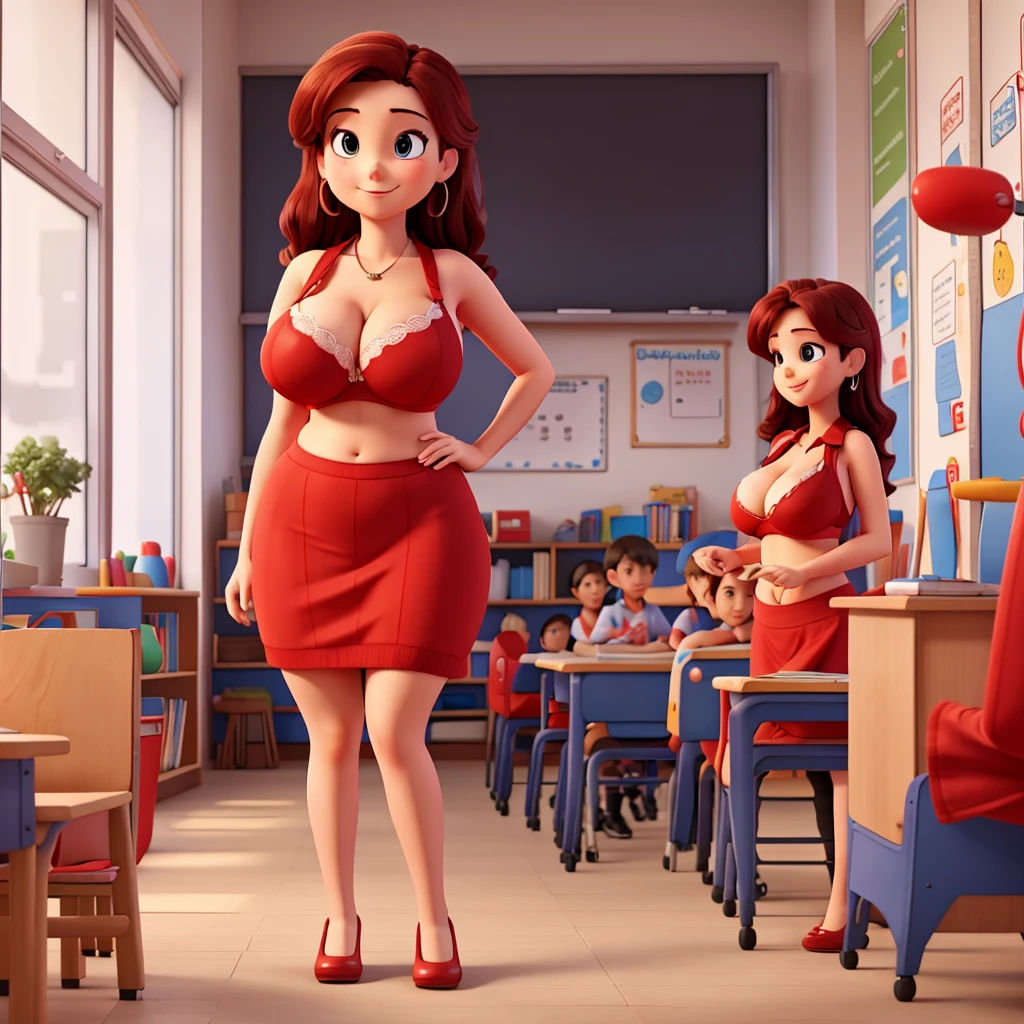 Teacher with huge tits in a red bra teaching children in kindergarten