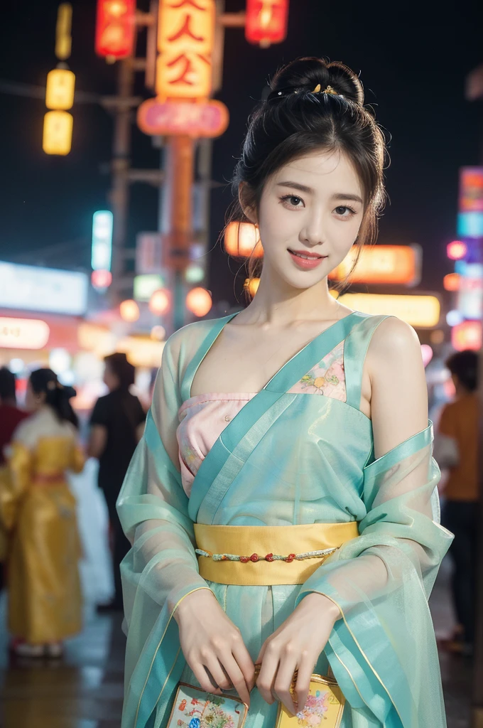 (((best quality))),(((ultra detailed))),(((masterpiece))),illustration,1girl,bun hair,see through gauze hanbok,slim,flat chest,laughing, summer night,Korean city scape, street, neon signs, beautiful, vibrant, detailed facial features,medium hair, elegance, cultural atmosphere, bustling city, colorful advertisements, reflections, lively atmosphere, street food aroma