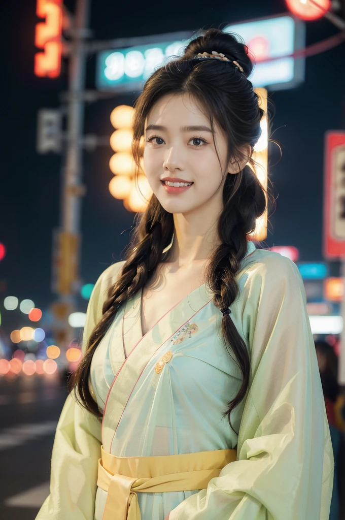 (((best quality))),(((ultra detailed))),(((masterpiece))),illustration,1girl,bun hair,see through gauze hanbok,slim,flat chest,laughing, summer night,Korean city scape, street, neon signs, beautiful, vibrant, detailed facial features,medium hair, elegance, cultural atmosphere, bustling city, colorful advertisements, reflections, lively atmosphere, street food aroma
