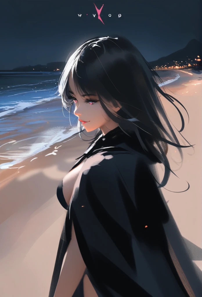 1girl, solo, wlop,
Black hair, gradient eyes, black cloak, seductive smile,
beach, nighttime,
masterpiece, best quality,