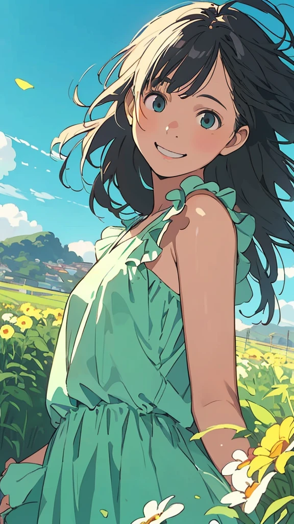 Reasonable design, Clear lines, High Sharpness, (Highest quality,8K,Perfect sharpness,Ultra fine,High resolution,masterpiece:1.2), Perfect ???????:1.5, Official Art, Illustrations that tell a story, (Whitish background:0. 9）、Body Positivity、多Mr.な身体表現、（Random and energetic poses）、Perfect beauty、Perfect beautiful face、Strong winds、A rich expression、Dynamic composition、smile、Golden ratio composition、colorful、（(Mr.々Different angles and perspectives)）、Anime Art、(Mini dress)、（Overcoming stereotypes）、 Glowing Skin、（Natural beauty）、smile、Bangs、（Soft and flowing hair）、（countryside）、（Nostalgic atmosphere）、Put up to your feet、（Playful and carefree）、（多Mr.な民族のキャラクター）、（innocent attitude）、（Sunny atmosphere）、(The skirt flutters wildly in the wind)、（Bright colors）、Beautiful Eyes、(Embarrassing)、Braided Hair、Summer Scene、Smiling among flowers