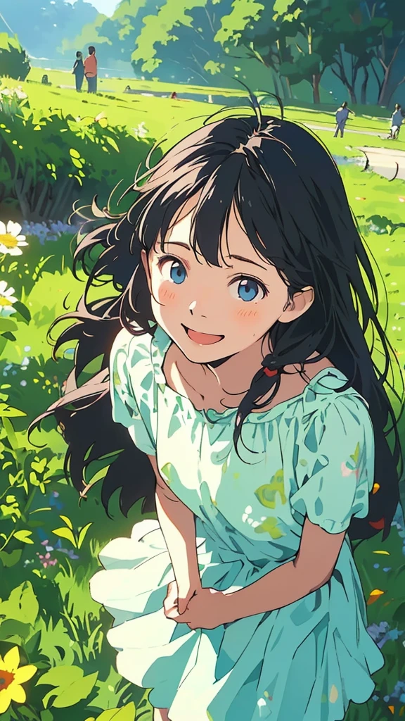 Reasonable design, Clear lines, High Sharpness, (Highest quality,8K,Perfect sharpness,Ultra fine,High resolution,masterpiece:1.2), Perfect Anatomy:1.5, Official Art, Illustrations that tell a story, (Whitish background:0. 9)、Body Positivity、多Mr.な身体表現、(Random and energetic poses)、Perfect beauty、Perfect beautiful face、Strong winds、A rich expression、Dynamic composition、smile、Golden ratio composition、colorful、((Mr.々Different angles and perspectives))、Anime Art、(Mini dress)、(Overcoming stereotypes)、 Glowing Skin、(Natural beauty)、smile、Bangs、(Soft and flowing hair)、(countryside)、(Nostalgic atmosphere)、Put up to your feet、(Playful and carefree)、(多Mr.な民族のキャラクター)、(innocent attitude)、(Sunny atmosphere)、(The skirt flutters wildly in the wind)、(Bright colors)、Beautiful Eyes、(Embarrassing)、Braided Hair、Summer Scene、Smiling among flowers