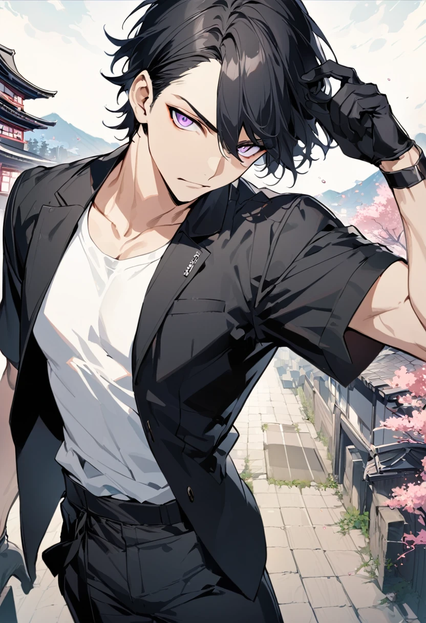 Masterpiece, Perfect face, expressive eyes, he is dressed in a black jacket and black pants, 1boy, male focus, solo, black gloves, gloves, black hair, short hair, clean hair, shirt, pants, purple eyes, white shirt, black pants, looking at viewer, Japan background, open clothes, short sleeves, Bleach style, Bleach
