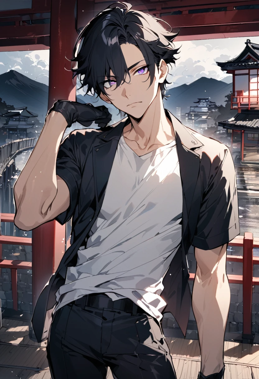 Masterpiece, Perfect face, expressive eyes, he is dressed in a black jacket and black pants, 1boy, male focus, solo, black gloves, gloves, black hair, short hair, clean hair, shirt, pants, purple eyes, white shirt, black pants, looking at viewer, Japan background, open clothes, short sleeves, Bleach style, Bleach
