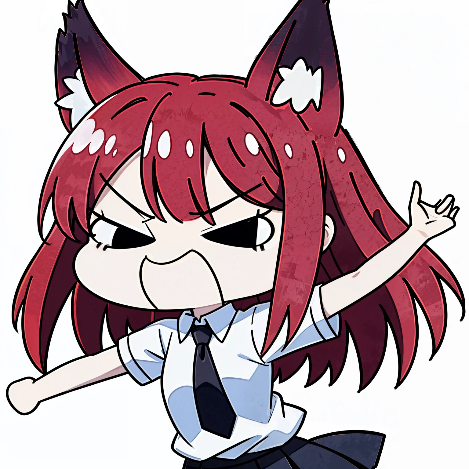 1girl ,angry face,white shirt,short sleeves,(black standard tie),white school skirt,(red hair),long hair,fox ears,(white background, line drawing),sketch,open mouth,chibi,closed eyes