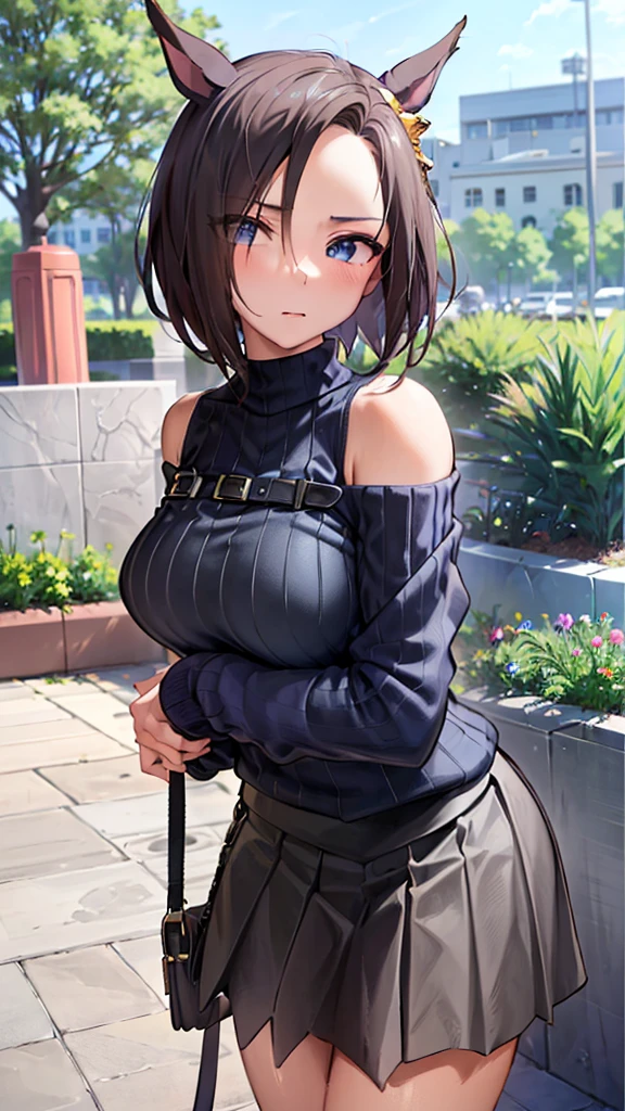 (((masterpiece))),(((High resolution)))、(((perfect face)))、(((Air Groove)))、, (((off shoulder tight sweater, mini black skirt))), Plump, top quality eyes, detailed texture, look at the camera, big tits, ((high resolution face))
