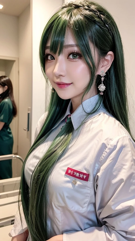japanese、women、female、young adult、medium long hair、fishtail hair、green hair、glossy、smile、tall、many girls、eyeshadow、nurse uniform、earrings、hospital、strong light、リアルBeauty、AIBeauty