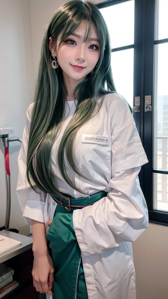 japanese、women、female、young adult、medium long hair、fishtail hair、green hair、glossy、smile、tall、many girls、eyeshadow、nurse uniform、earrings、hospital、strong light、リアルBeauty、AIBeauty