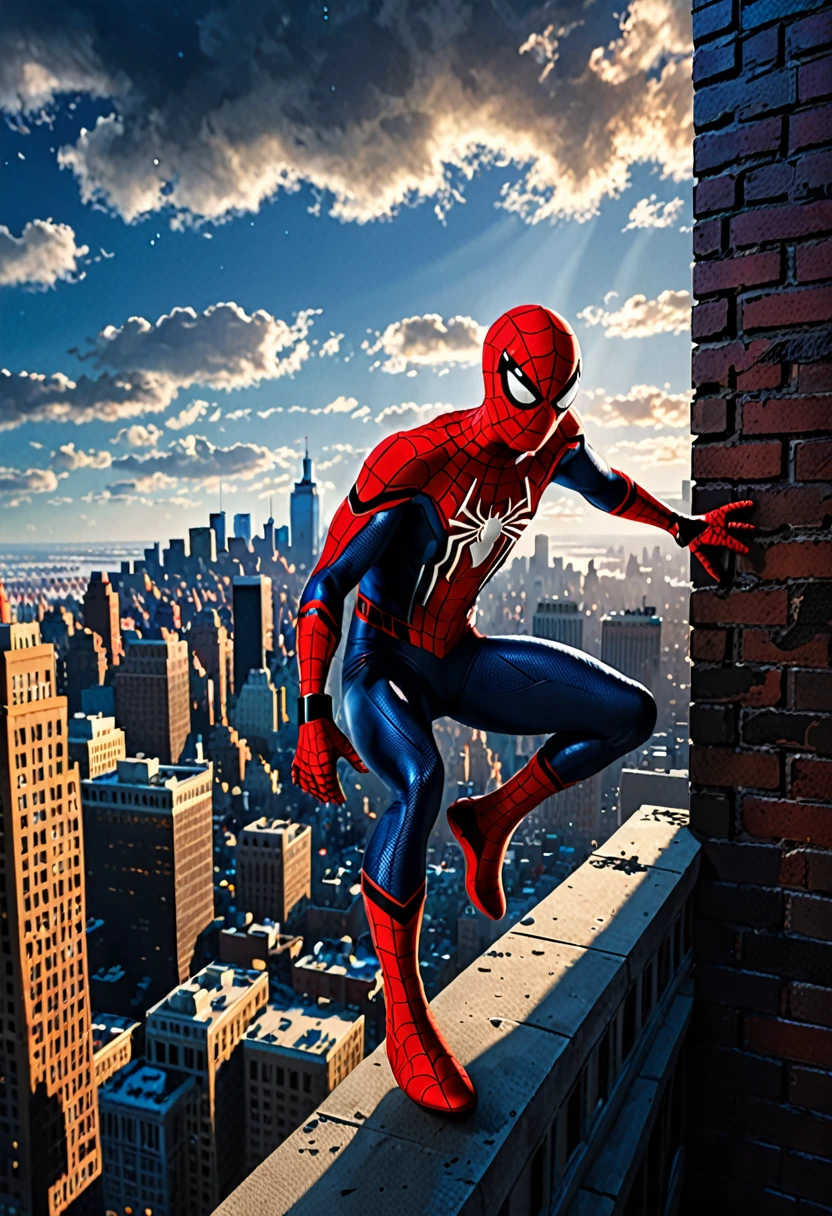 Make Spider-Man holding on to a building while seeing the entire city with shadows and a night sky with many clouds and shadows