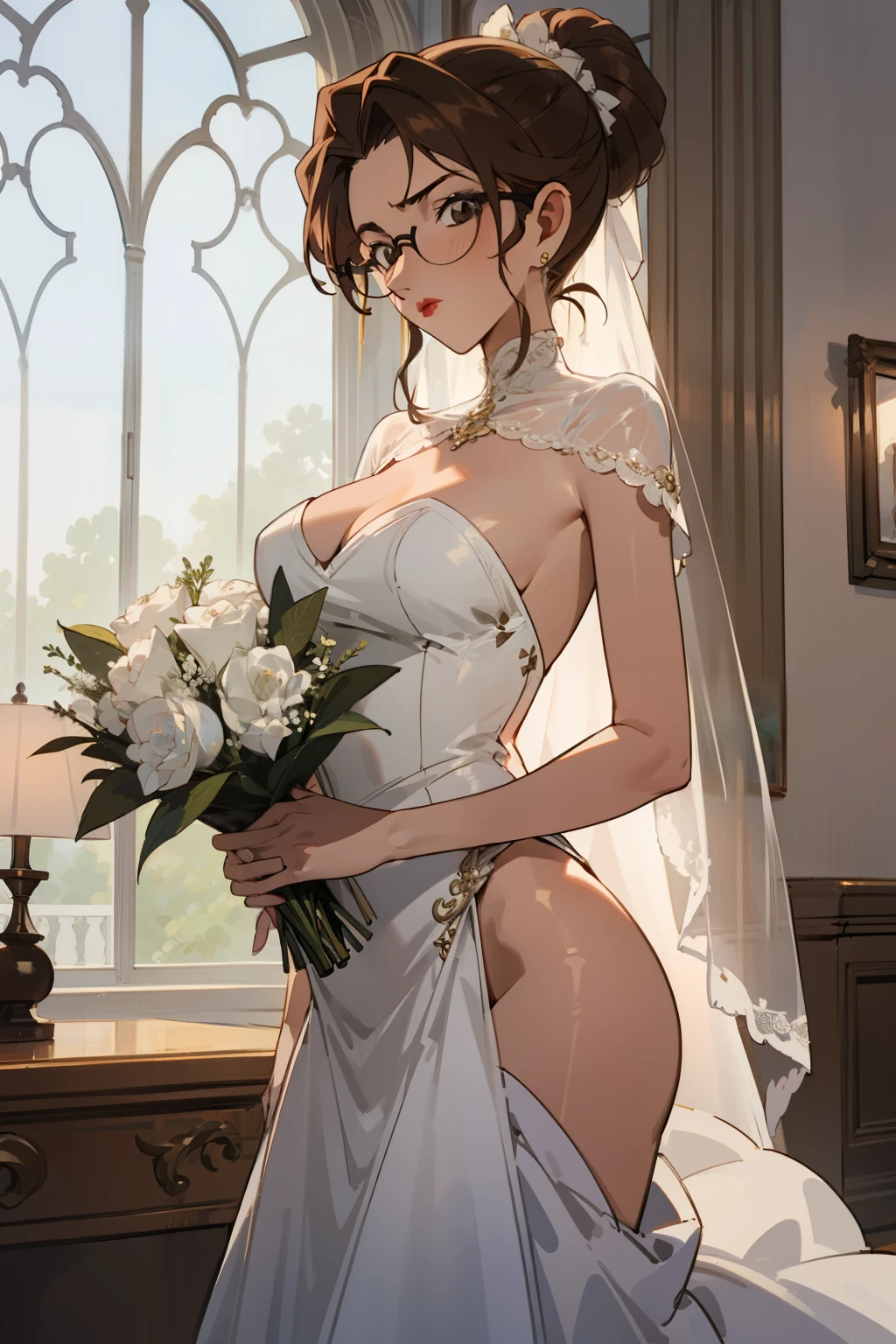 Night time,(Masterpiece), Best Quality, ultra-detailed, 1girl (eri, Slender and sexy body, big and pretty breasts, brown hair, chignon, brown eyes, empty eye, spectacles), blank
face ,parted lips, mascara, full makeup, red lipstick, facing viewer, looking at viewer, solo, white wedding dress, ornate dress, see-through, long dress, white veil,bouquet grab , bows, in the livingroom, standing, , Front view , cowboy shots
