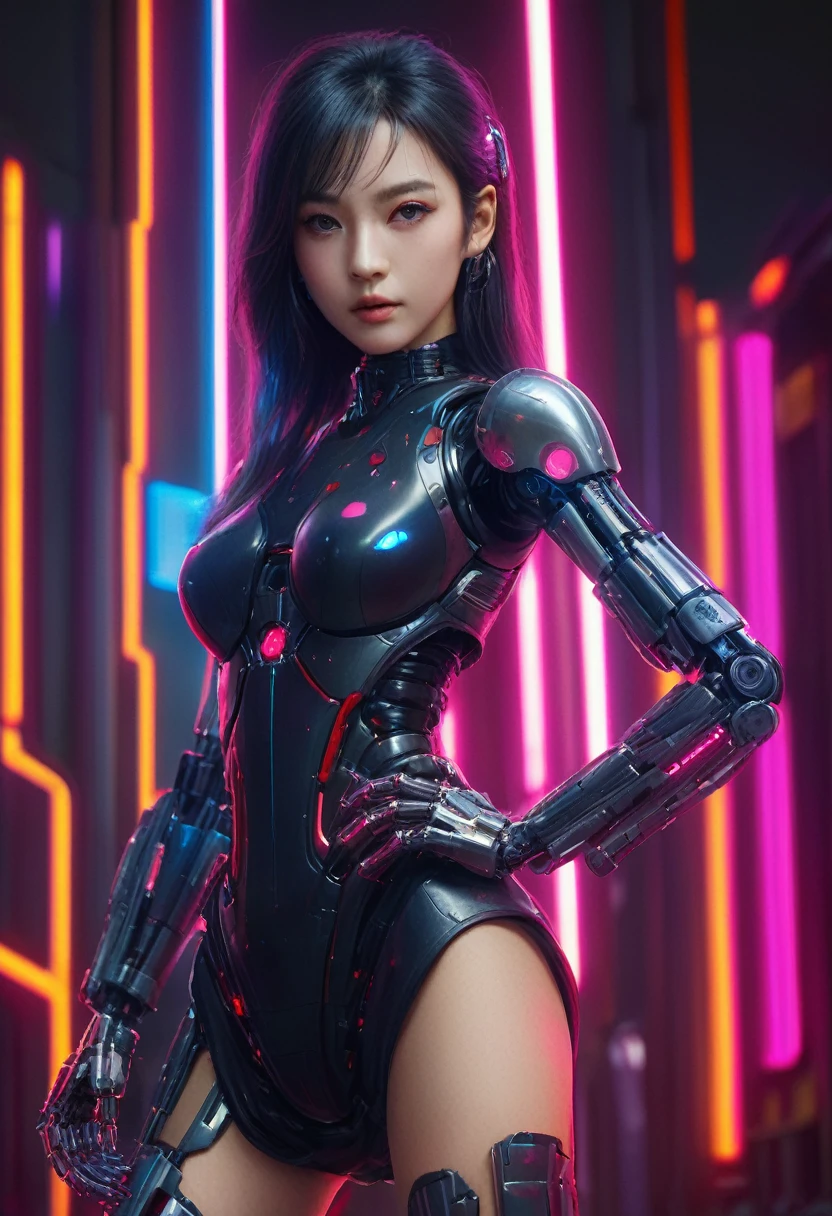 xxmixgirl. Highly detailed professional 35mm film, bokeh, face in sharp focus. A robotic female, Miku, with ((metal skin)), ((perfect Asian eyes)) with magenta irises and ((black pupils)), beautiful serious (detailed face), 18 year old ((photorealistic face)), very long magenta twin tails of magenta hair, twin black hair ties with a single red stripe. She may have a black audio headpiece. We can see her ((full body)) down to her boot soles. Her outfit is a sleeveless collared light grey shirt, outlined in red around the frilled collar and hems. Shiny reflective ((metallic breast cups, dimpleless)), invisible nipples. She wears black sleeves with red hems that start around her upper arm and bellow out as the sleeves open and extend to her wrists, with wide trumpet red rimmed cuffs. She has perfect robotic (detailed hands). She wears a red colored tie with two horizontal solid parallel black lines halfway across. She wears a fabric black skirt with a horizontal red hem at the bottom all the way around; her (((black skirt wraps around her))) and ((her skirt completely covers)) her robotic waist and thighs. Tall black boots with red bottom soles, a red rim around the top at her thighs. Her mechanical shoulder joints are visible. We can see her robotic legs and robotic neck. Half of her is covered with shiny polished machinery. The background is a distant dark neon futuristic Japanese city, gold, cyan, violet neon, near harbor or mountains.
