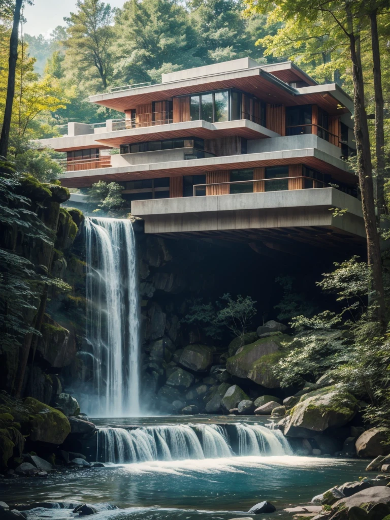 A modern house next to the waterfalls, at the forest, de Frank Lloyd Wright, extreme long shot, 8K.”