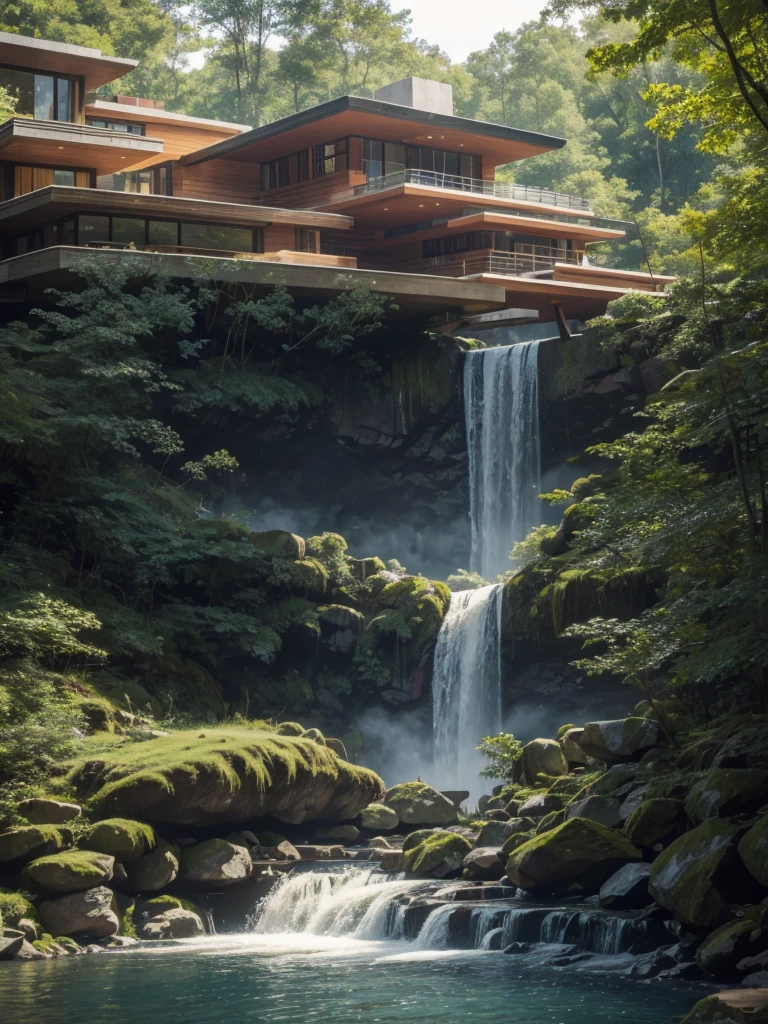 A modern house next to the waterfalls, at the forest, de Frank Lloyd Wright, extreme long shot, 8K.”