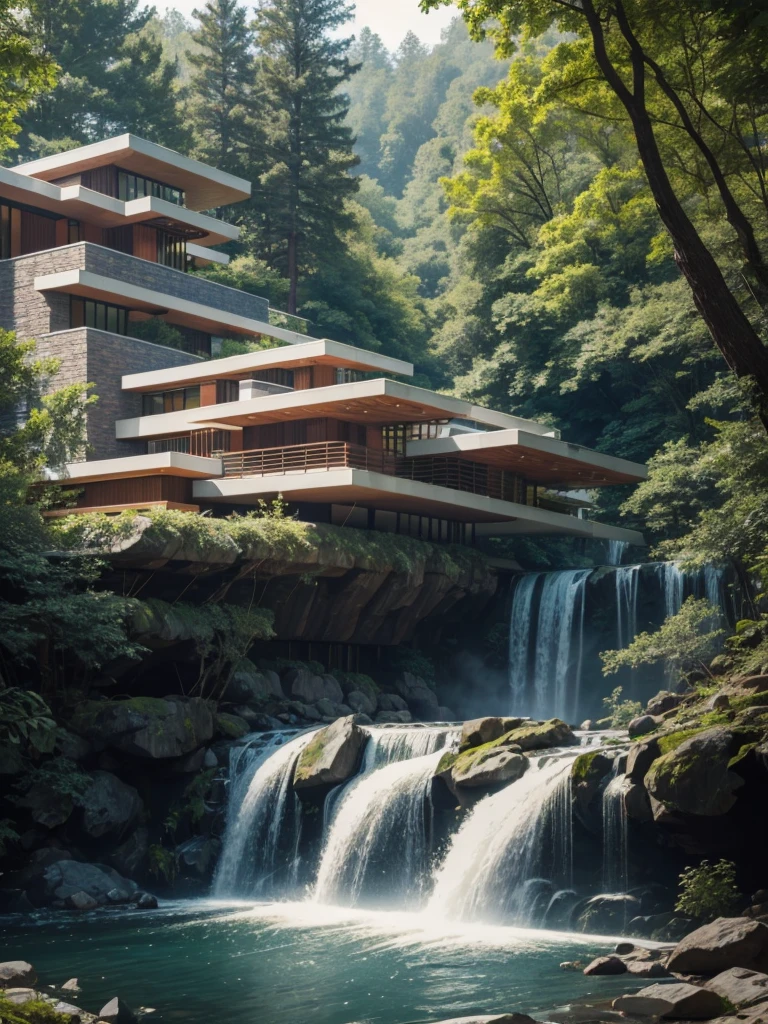 A modern house next to the waterfalls, at the forest, de Frank Lloyd Wright, extreme long shot, 8K.”