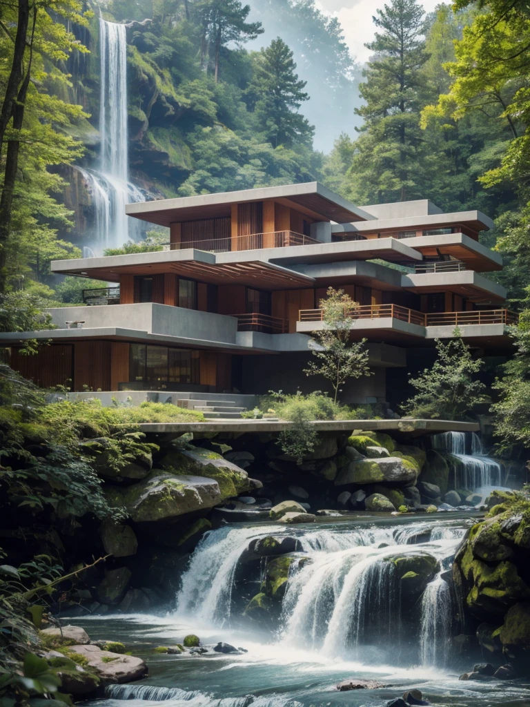 A modern house next to the waterfalls, at the forest, de Frank Lloyd Wright, extreme long shot, 8K.”